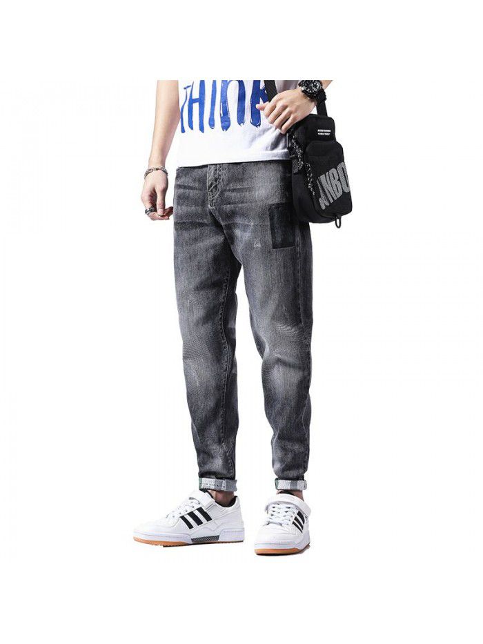 Spring and summer new jeans men's fashion brand loose feet Harlan pants men's Korean fashion casual stretch Capris 