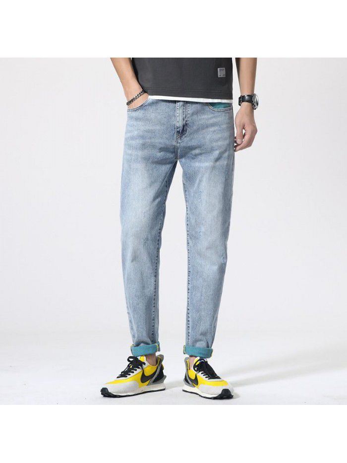 Spring and summer new fashion brand jeans men's Korean slim Leggings trend youth fashion leisure stretch pants 