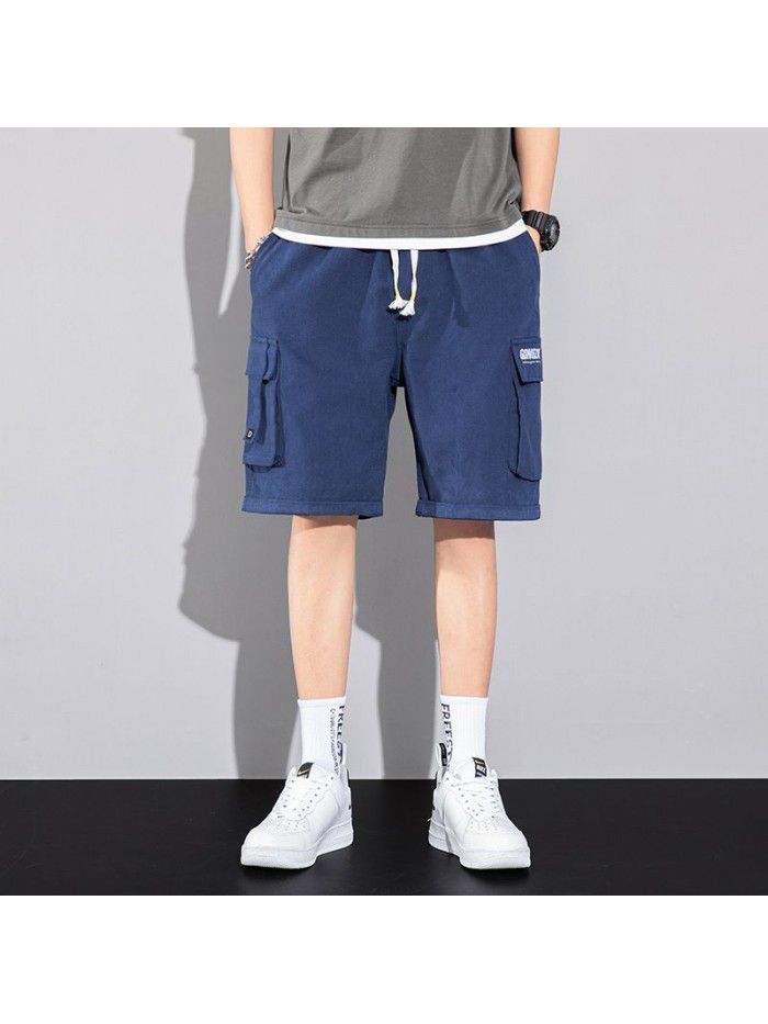 New Summer Shorts men's pants straight tube solid color overalls men's youth casual Capris men's pants 