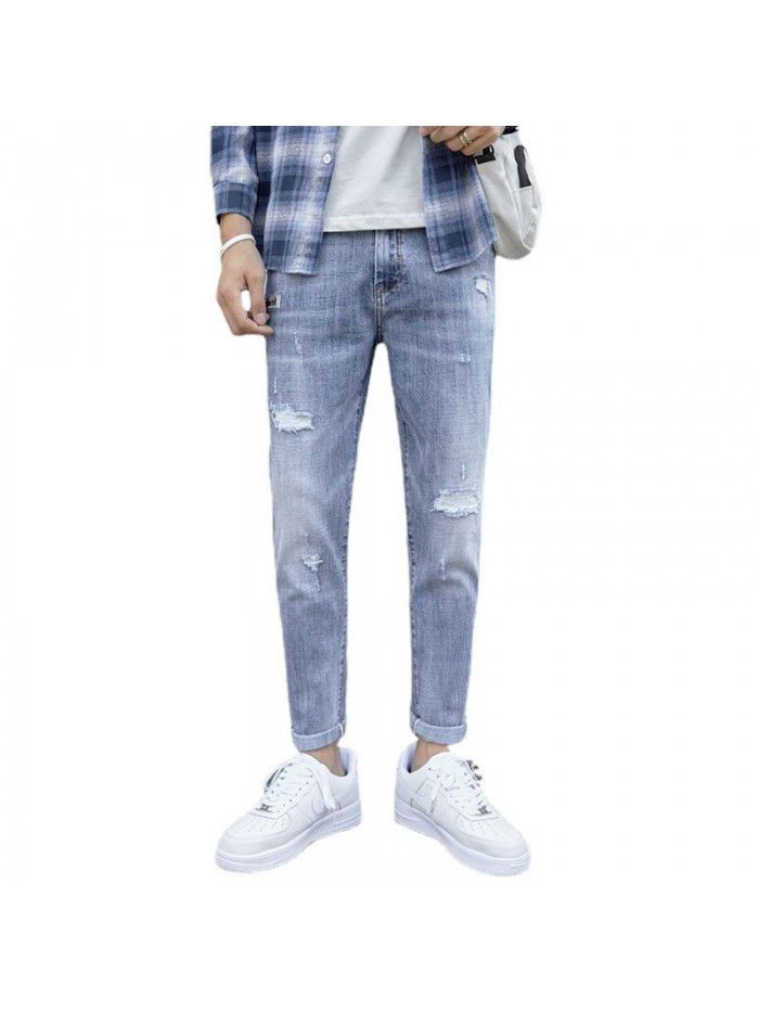 Hole jeans men's trendy Korean slim Leggings men's trendy casual stretch wash quarter pants 