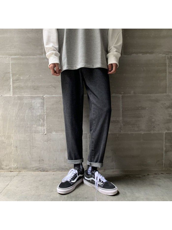Men's fashion brand washed jeans men's trend loose straight wide leg Harem Pants men's Korean casual daddy pants 