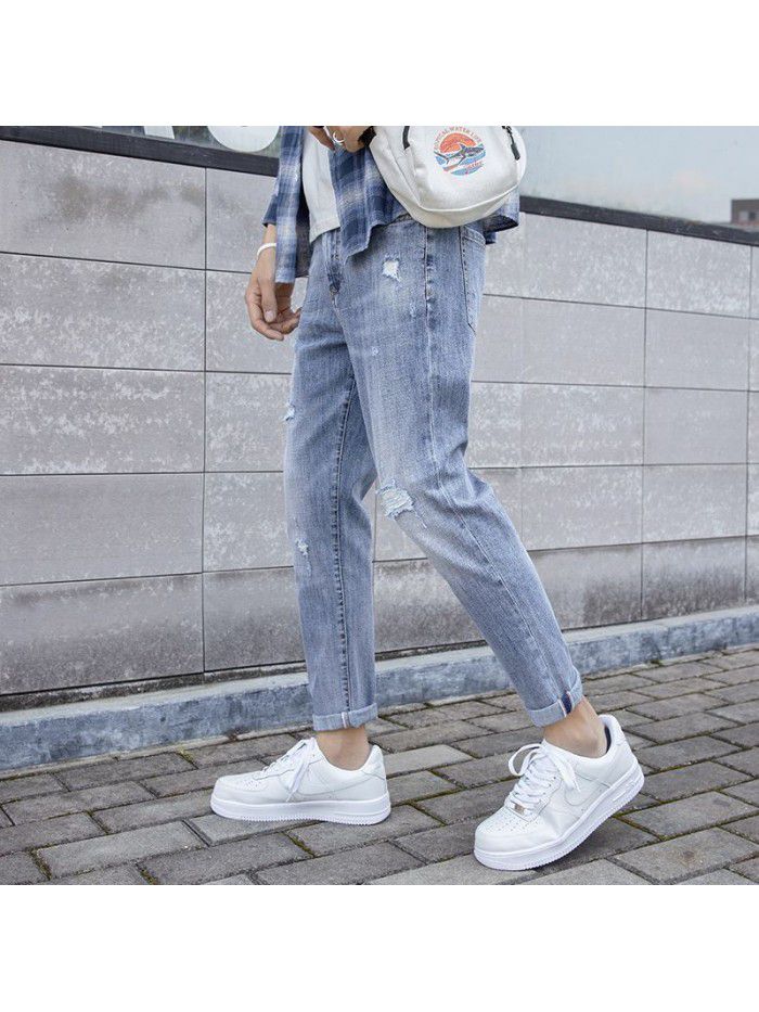 Hole jeans men's trendy Korean slim Leggings men's trendy casual stretch wash quarter pants 
