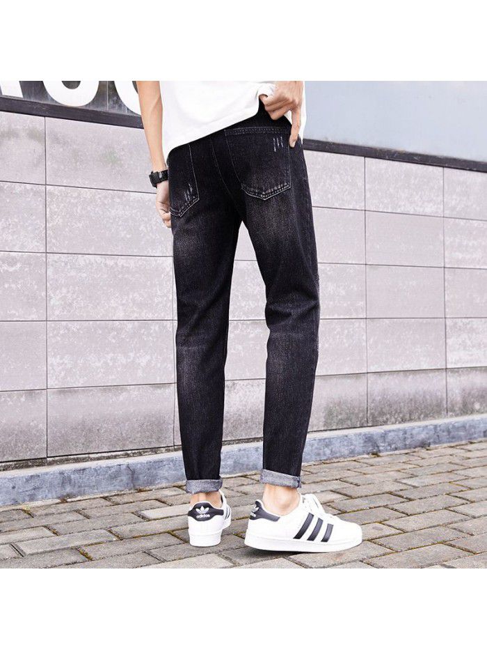 Trendy brand washed jeans men's Korean Slim small leg Capris men's trend youth fashion simple casual pants 