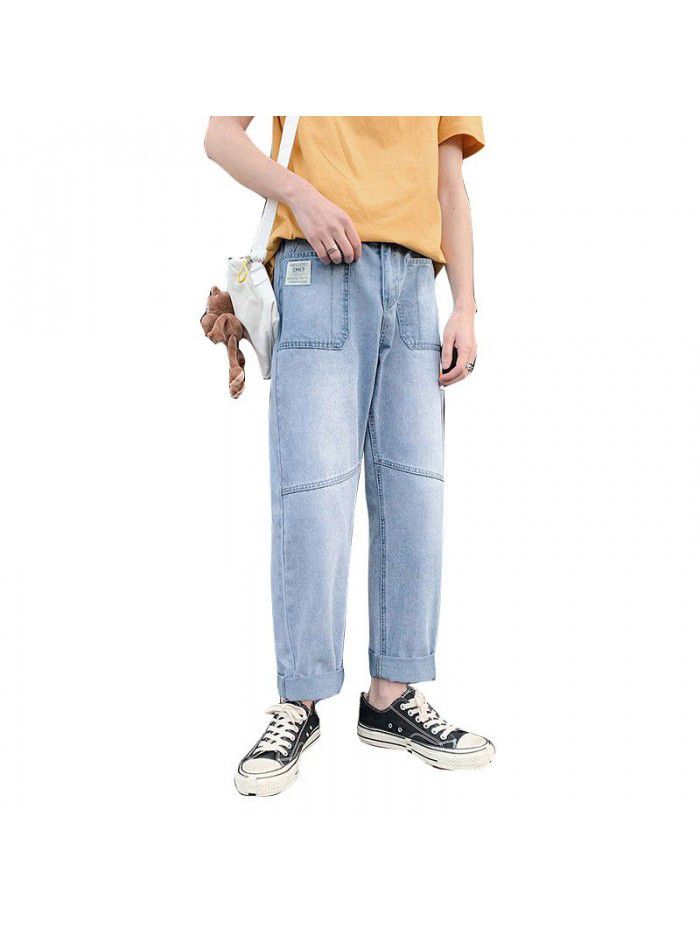 Spring and summer new jeans men's Hong Kong style trend retro straight tube loose hole washed Harlan pants wide leg pants 