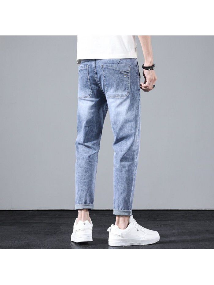 Spring and summer new fashion brand jeans men's slim straight pants men's youth fashion leisure Harlan stretch pants 