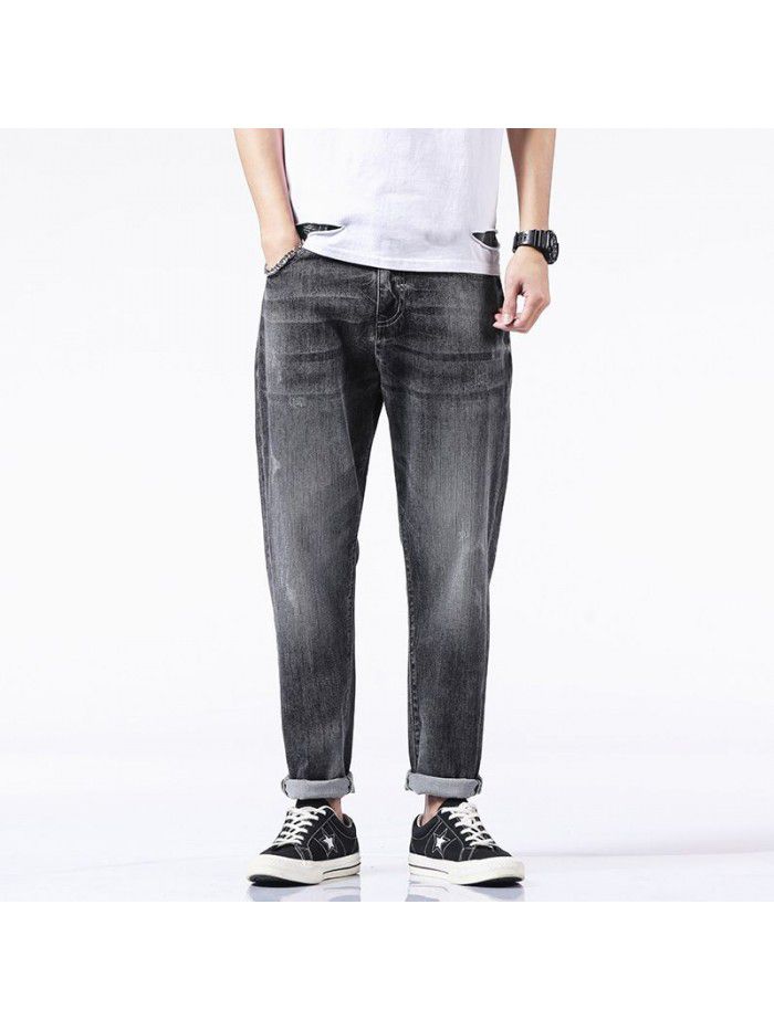 Spring and summer new fashion brand jeans men's loose straight elastic pants men's fashion Korean casual harem Capris 