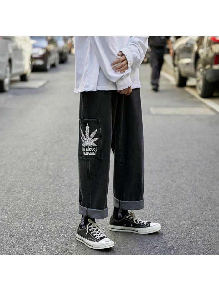 Washed and printed jeans men's fashion brand loose straight tube wide leg pants men's Korean casual tooling daddy pants 