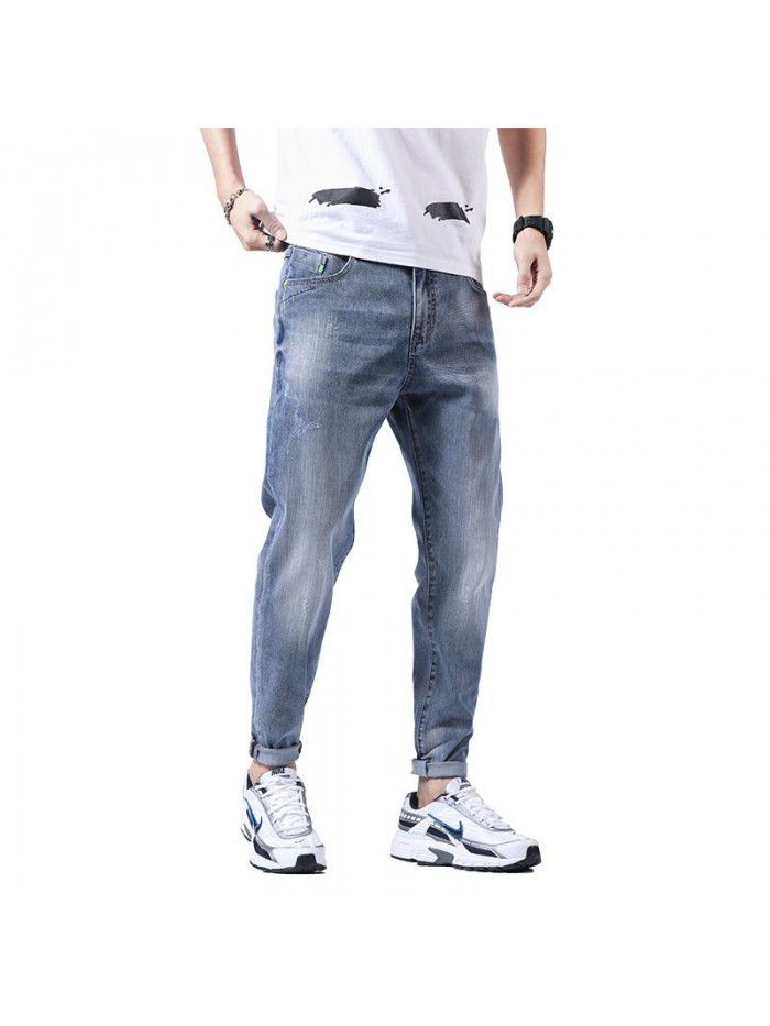 Stretch washed jeans men's fashion brand loose legged Harem Pants men's youth casual Capris new style in spring and summer 