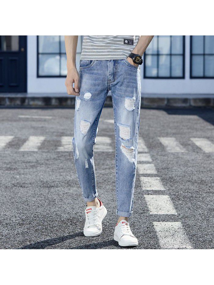 Spring and summer new fashion brand pierced jeans men's Korean casual Leggings men's fashion youth casual Capris 