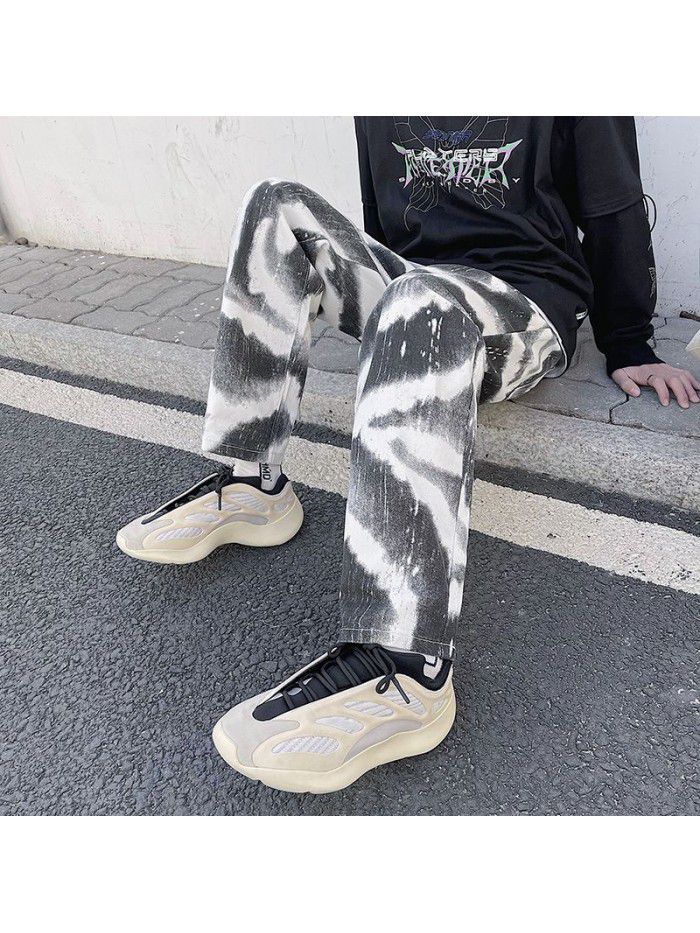 Spring and summer  New Retro loose straight jeans men's trendy Hong Kong tie dye drop casual wide leg pants 