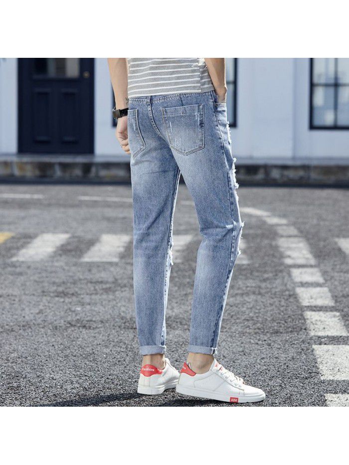 Spring and summer fashion brand jeans men's slim fit Korean leg pants men's youth trend holed casual harem Capris 