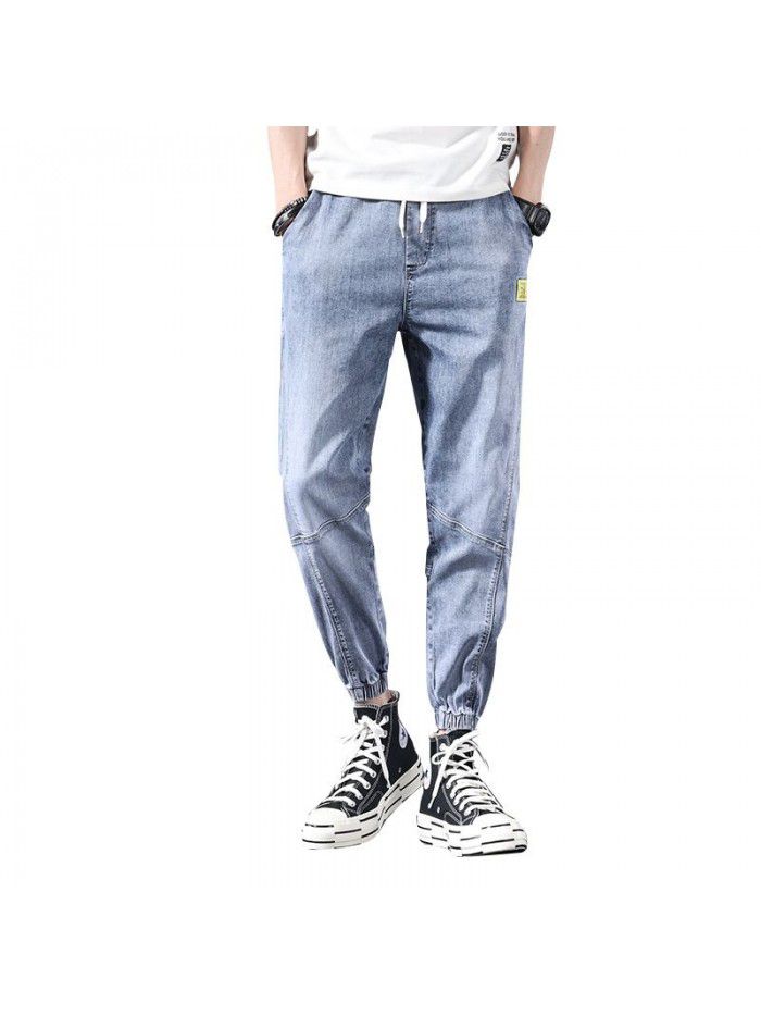 Spring and summer new jeans men's elastic waist loose feet men's youth leisure corset Harun Capris 