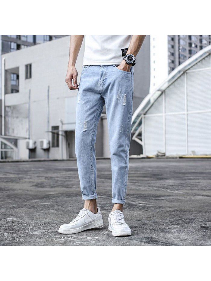 Spring and summer  new fashion brand jeans men's Korean slim Leggings men's trend youth casual Capris 