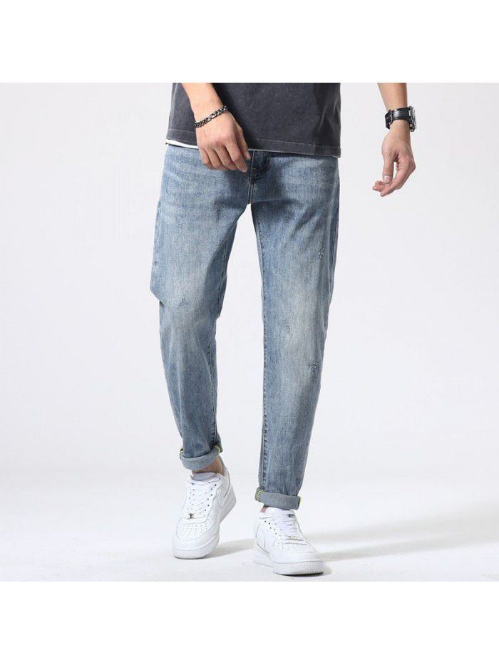 Spring and summer new fashion brand jeans men's loose large casual Capris Korean Trend elastic straight pants 