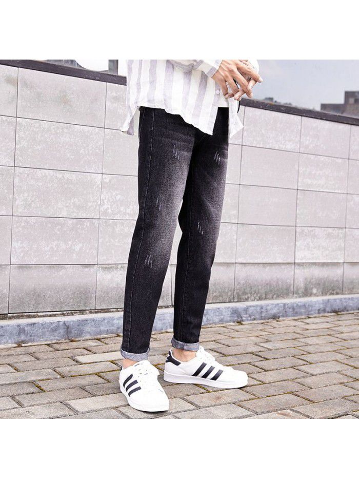 Trendy brand washed jeans men's Korean Slim small leg Capris men's trend youth fashion simple casual pants 