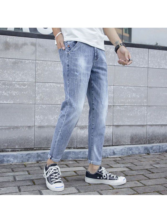 New fashion brand jeans in spring and summer of  men's Korean slim Leggings men's youth fashion casual Capris 