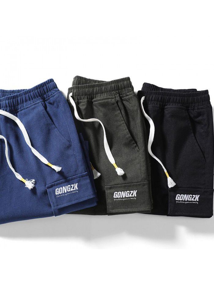 New Summer Shorts men's pants straight tube solid color overalls men's youth casual Capris men's pants 
