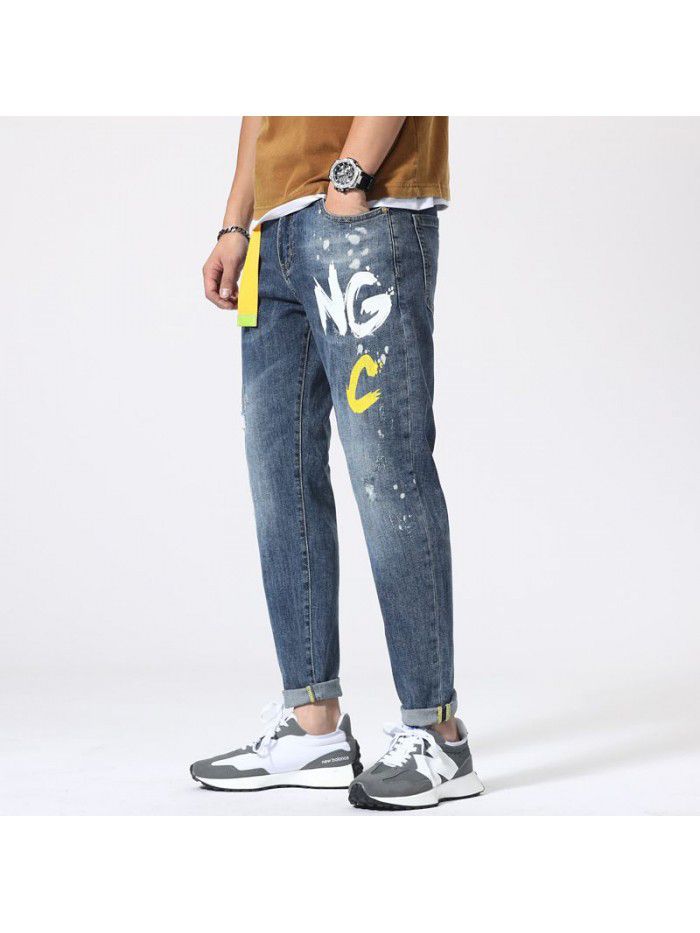  spring and summer new jeans men's loose size Leggings men's trend casual stretch Harlan Capris 