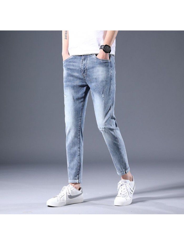 Hole jeans men's spring and summer new Korean slim elastic Leggings trend youth leisure large pants 