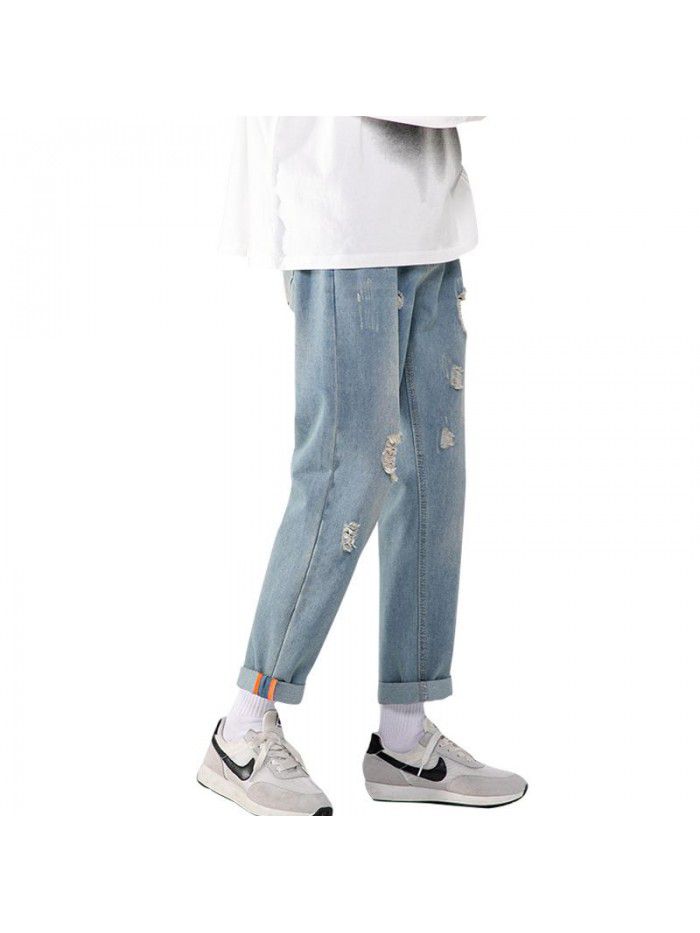 Spring and summer new fashion brand hole jeans men's loose straight tube Harem Pants men's trend casual wide leg daddy pants 
