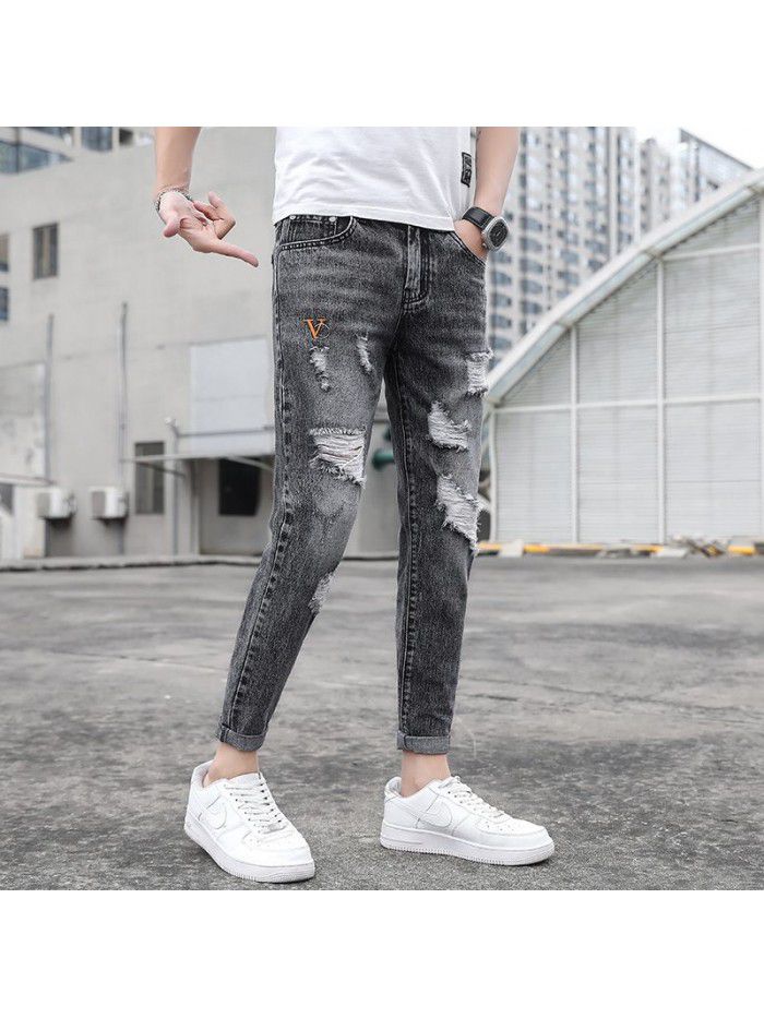 spring and summer new jeans men's Korean slim Leggings men's fashion simple casual Capris 