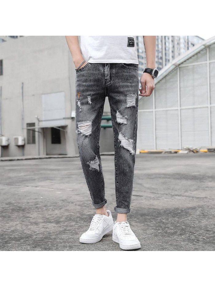 spring and summer new jeans men's Korean slim Leggings men's fashion simple casual Capris 