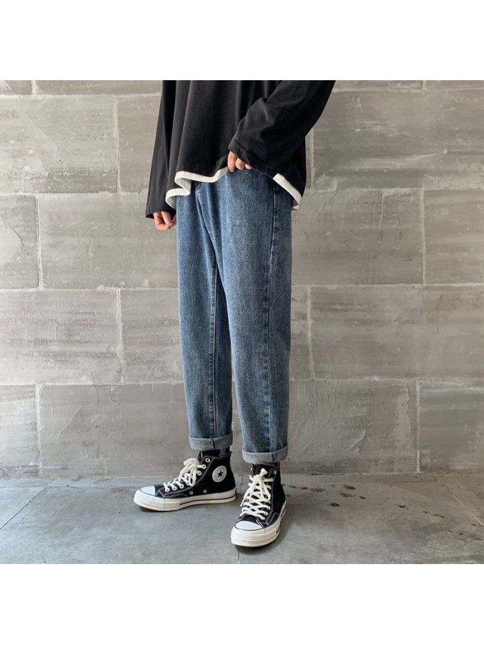 Men's fashion brand washed jeans men's trend loose straight wide leg Harem Pants men's Korean casual daddy pants 