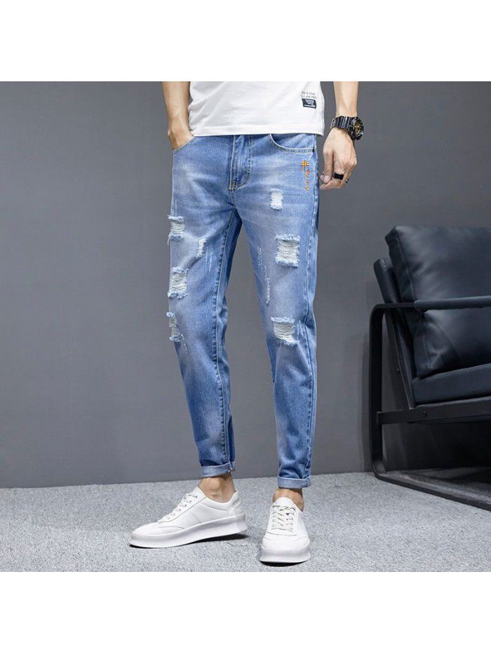 Hole jeans men's fashion brand spring summer Korean slim Leggings men's fashion simple casual quarter pants 