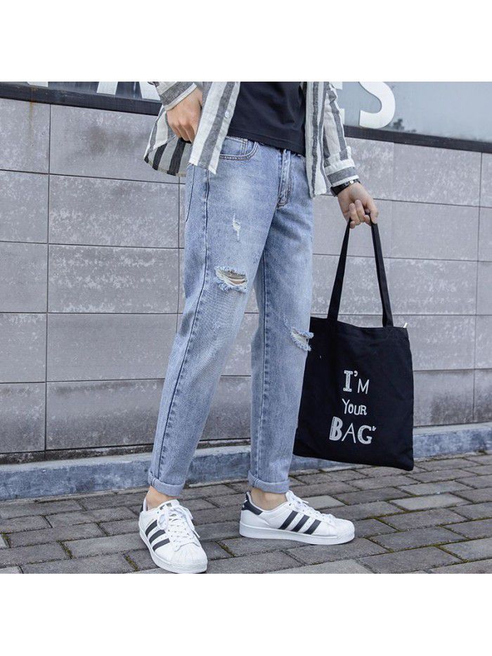 Chao brand washed jeans men's spring and summer new Korean slim Leggings men's youth fashion casual Capris 