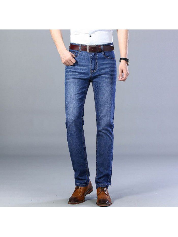  summer thin fashion jeans men's loose straight middle age fashion elastic casual pants 