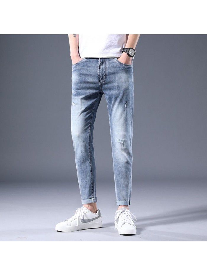 Hole jeans men's spring and summer new Korean slim elastic Leggings trend youth leisure large pants 