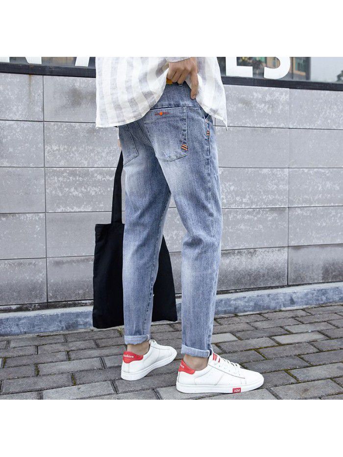 Spring and summer new jeans men's Korean slim fit elastic pants men's trend youth casual pants 