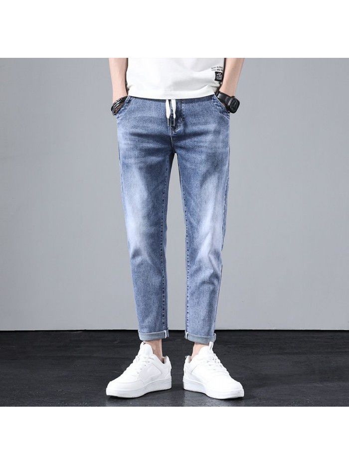 Spring and summer new fashion brand jeans men's slim straight pants men's youth fashion leisure Harlan stretch pants 