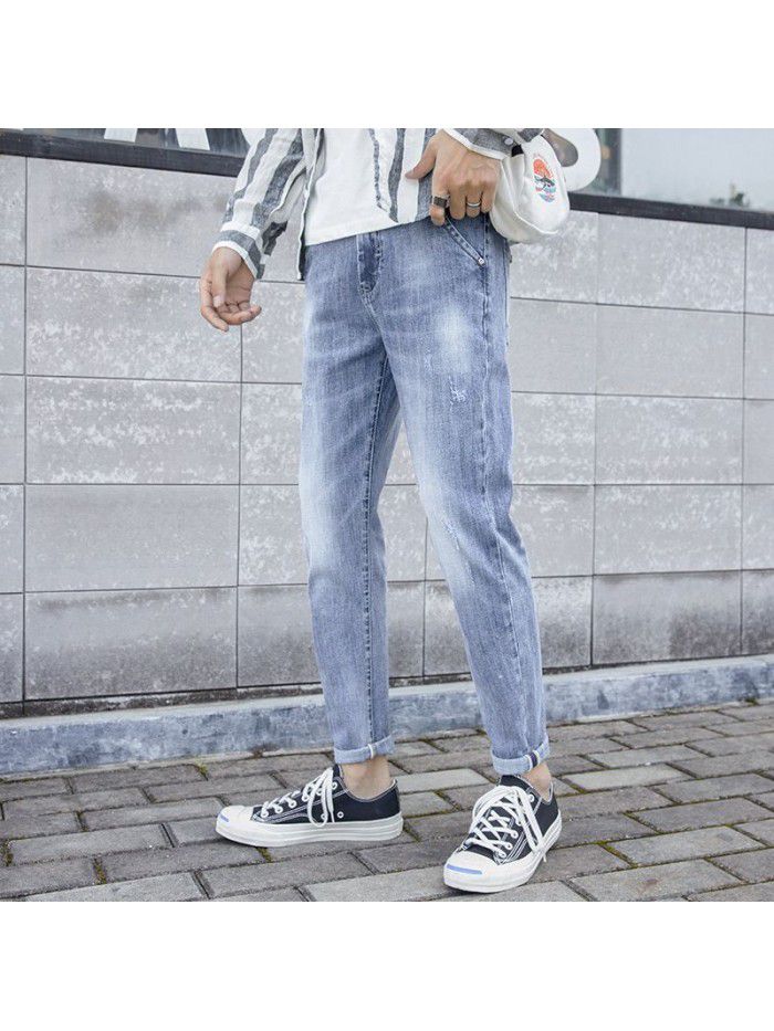 New fashion brand jeans in spring and summer of  men's Korean slim Leggings men's youth fashion casual Capris 