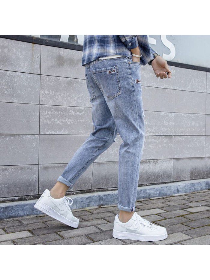 Hole jeans men's trendy Korean slim Leggings men's trendy casual stretch wash quarter pants 