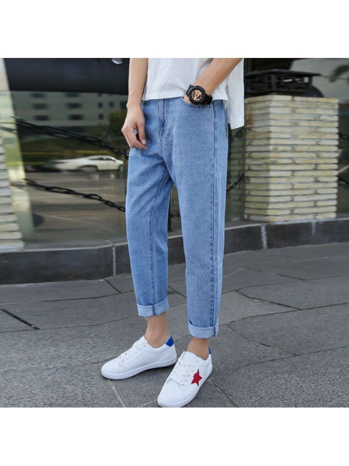 Spring and summer new jeans men's fashion brand loose straight tube daddy pants men's Korean fashion casual harem Capris 