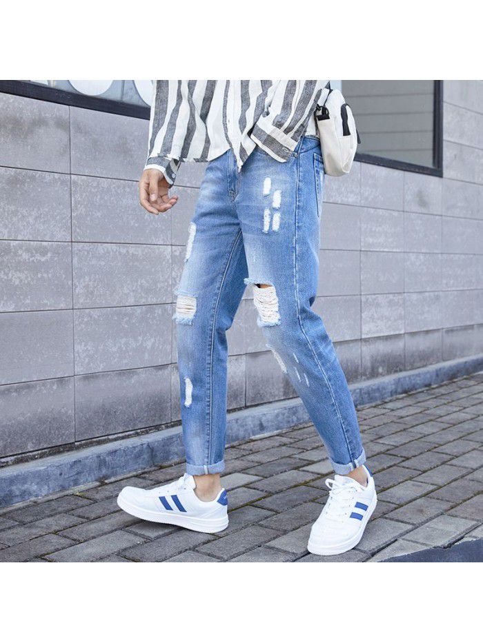 Fashion brand washed jeans men's spring and summer new hole slim Leggings men's fashion casual Capris 