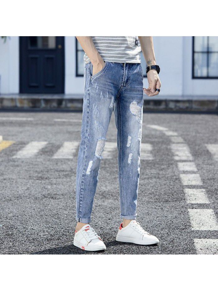 Men's jeans with holes spring summer fashion Korean slim fit pants men's youth leisure harem Capris 