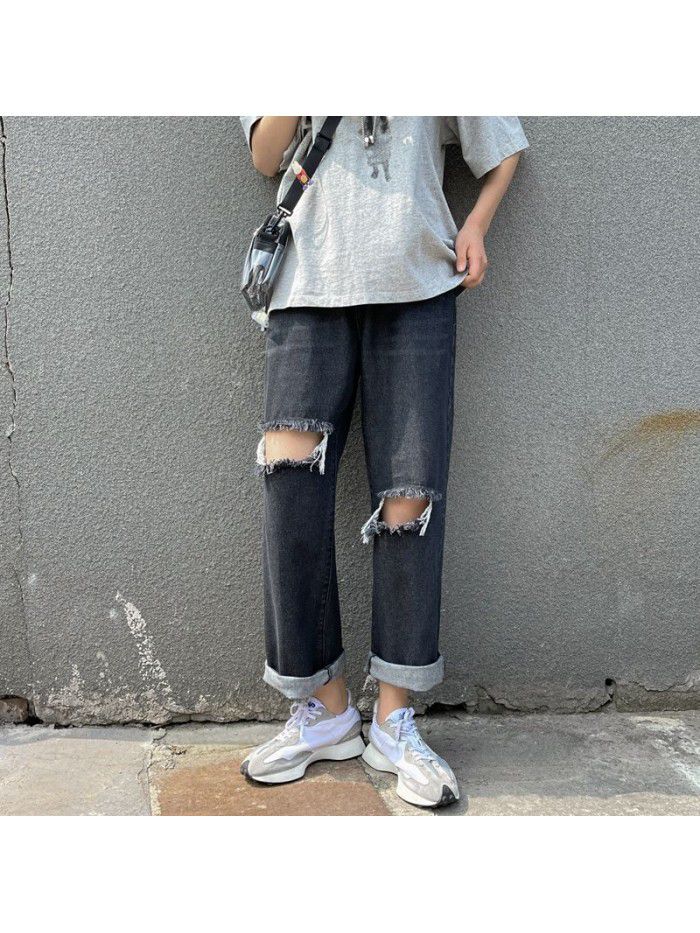 Spring and summer new fashion brand pierced jeans men's loose straight pants men's fashion youth leisure wide leg Harem Pants 