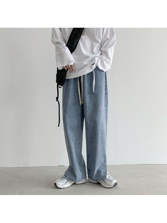 Spring and summer new slit drawstring jeans men's fashion brand loose straight wide leg pants men's Korean casual daddy pants 