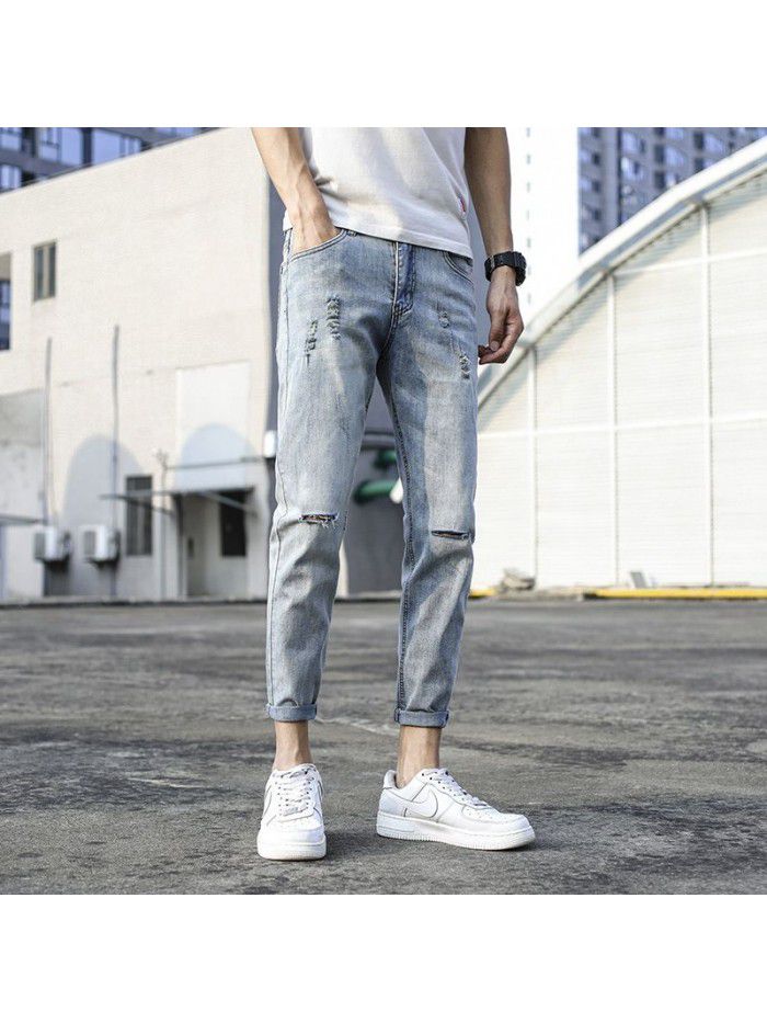Spring and summer new hole jeans men's Korean slim Leggings men's fashion casual stretch quarter pants 