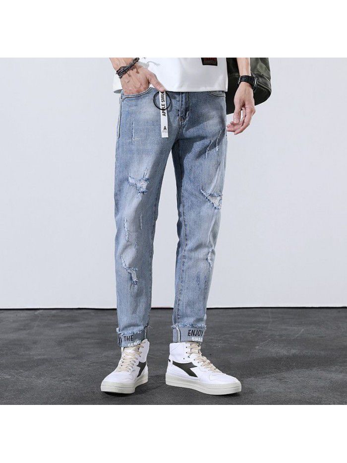 Spring and summer new jeans men's Korean slim Leggings men's fashion simple casual stretch Capris 