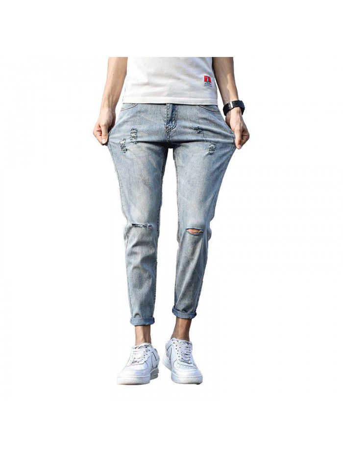 Spring and summer new hole jeans men's Korean slim Leggings men's fashion casual stretch quarter pants 