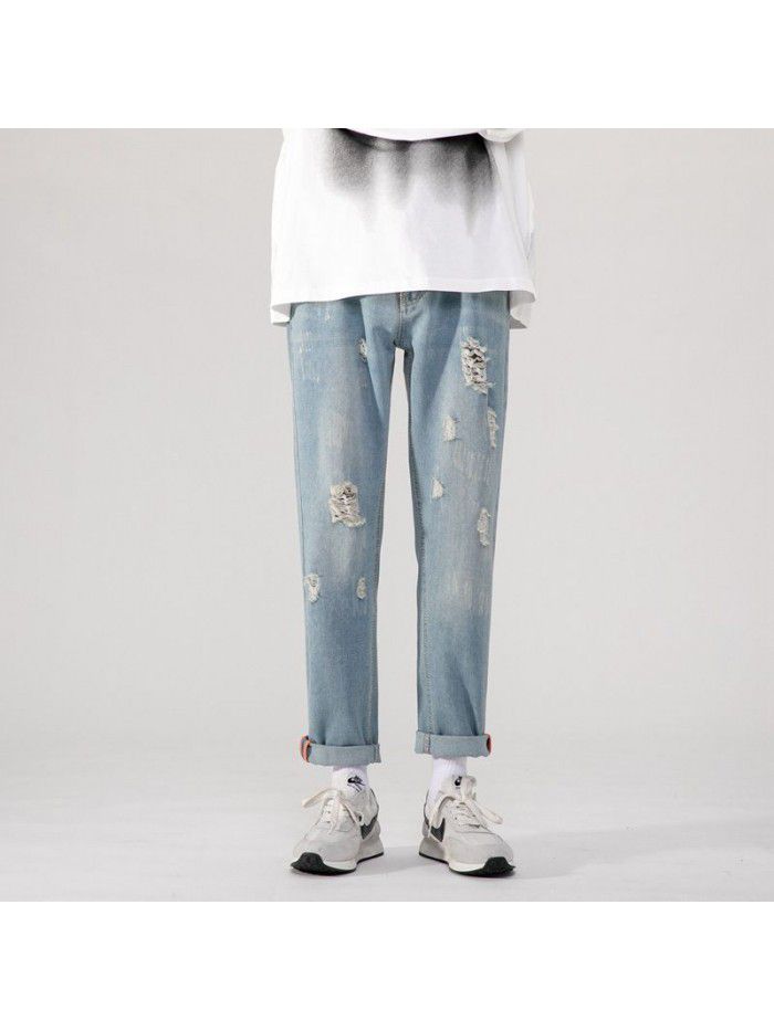 Spring and summer new fashion brand hole jeans men's loose straight tube Harem Pants men's trend casual wide leg daddy pants 