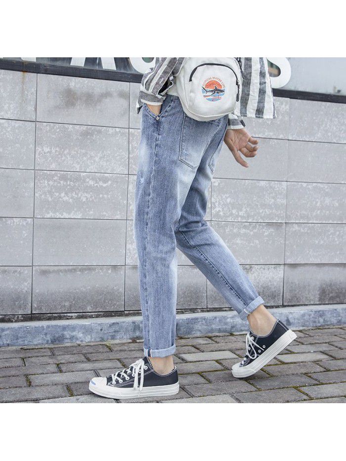New fashion brand jeans in spring and summer of  men's Korean slim Leggings men's youth fashion casual Capris 