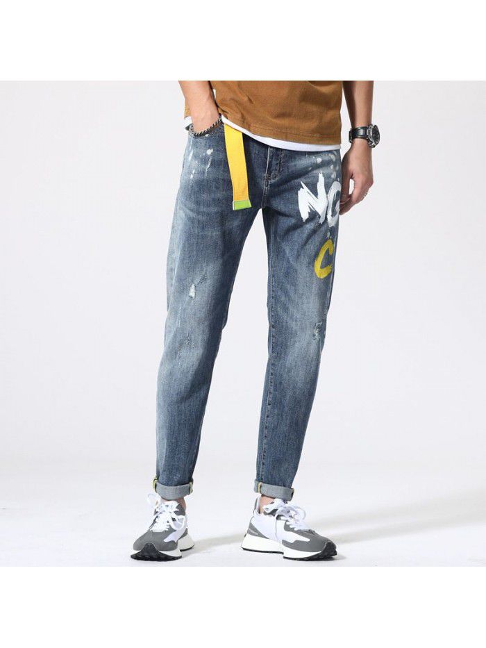  spring and summer new jeans men's loose size Leggings men's trend casual stretch Harlan Capris 