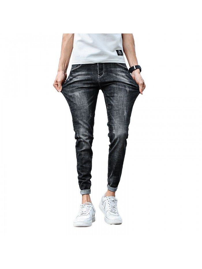Spring and summer new fashion brand jeans men's Korean version slim personality trend fashion simple casual small foot quarter pants 