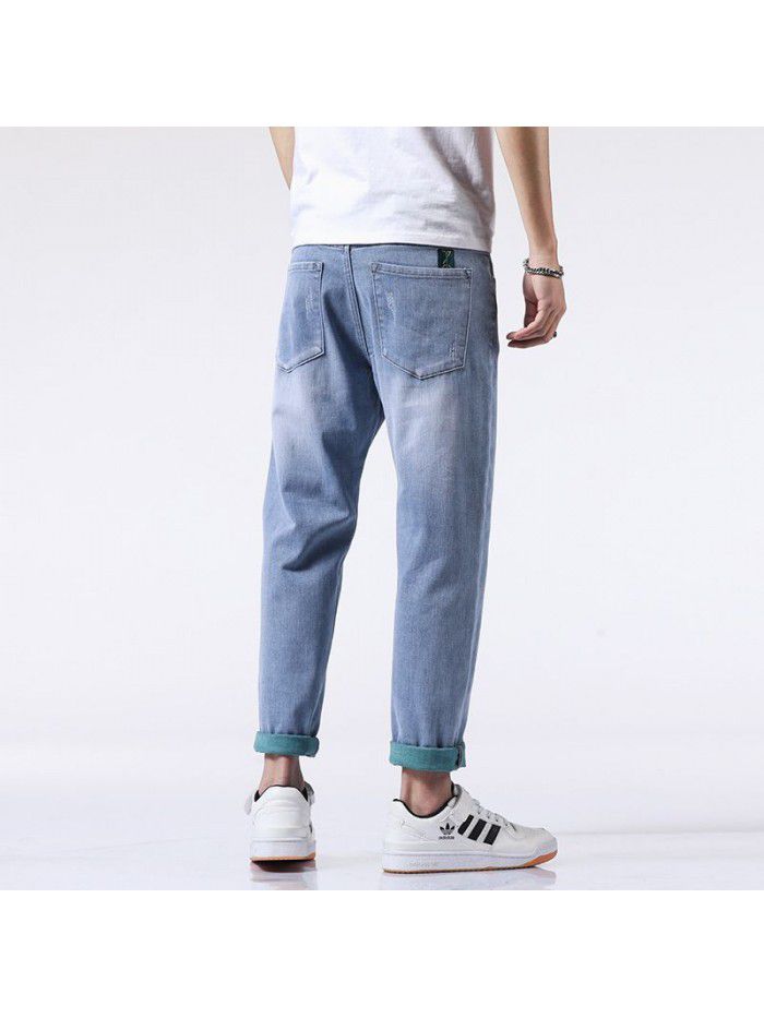 Spring and summer new fashion brand jeans men's loose straight tube Harem Pants men's fashion youth leisure elastic Capris 