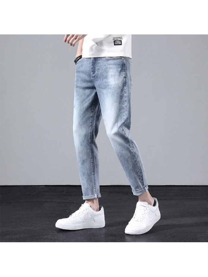 Jeans men's fashion brand new spring loose straight pants men's youth Korean leisure Harlan stretch Capris 