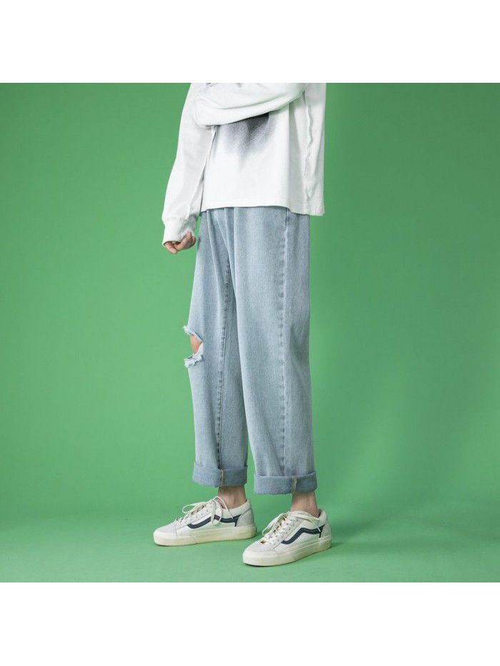 Hole jeans men's spring and summer new fashion brand loose straight wide leg pants men's fashion youth leisure father pants 